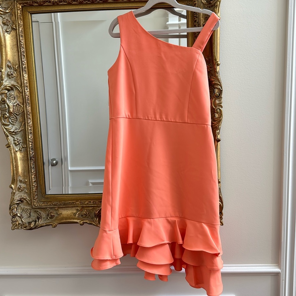 Rare Editions orange scuba asymmetric ruffle dress, Size 14